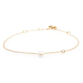 14k Dangling Pearl Charm Bracelet with Floating Diamond