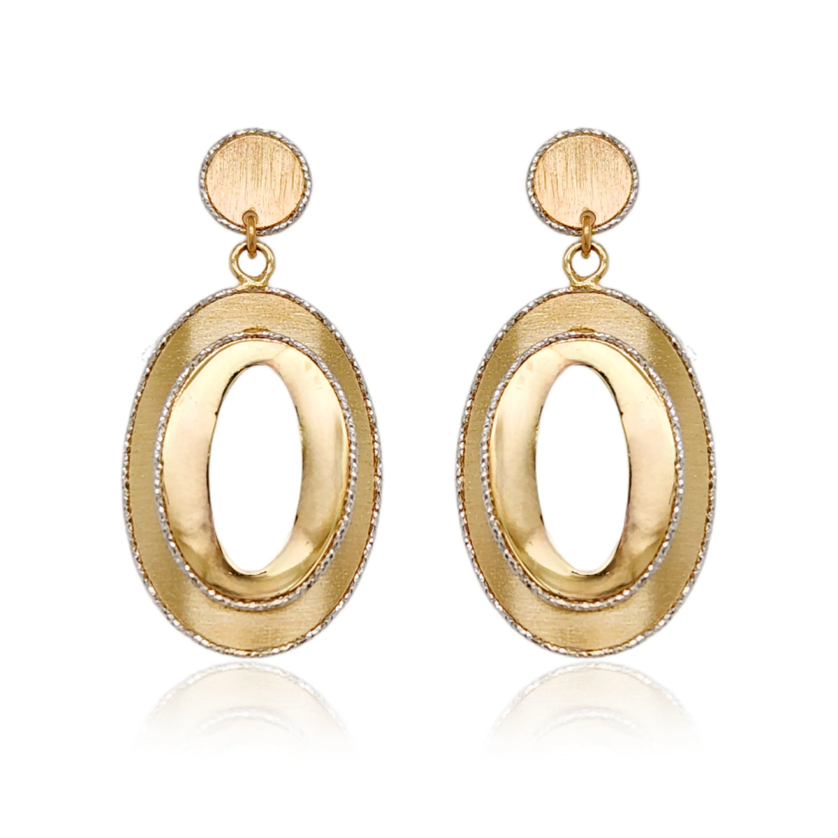 14K Gold Shiny Oval on Brushed Oval Diamond Cut Earrings