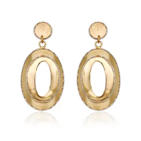 14K Gold Shiny Oval on Brushed Oval Diamond Cut Earrings