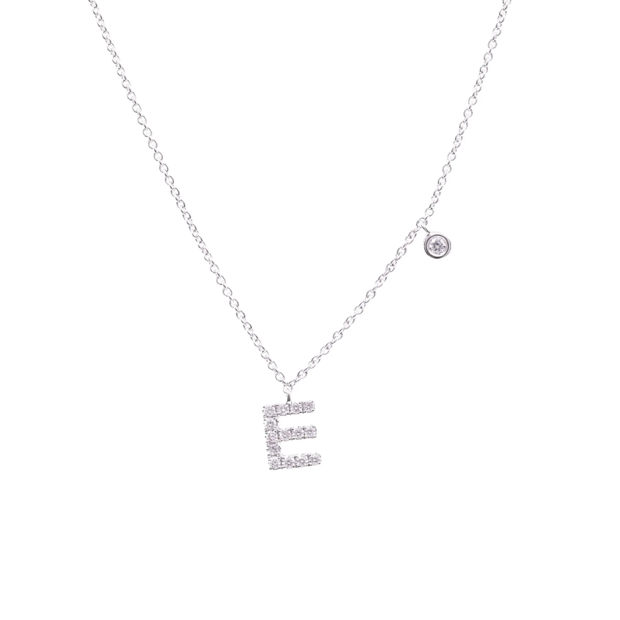 16-18 INCH 14K WHITE GOLD PAVE DIAMOND LETTER E NECKLACE 0.08CTW