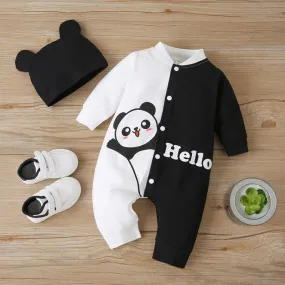 2 Pcs Cotton Panda  Patchwork Romper  Hat