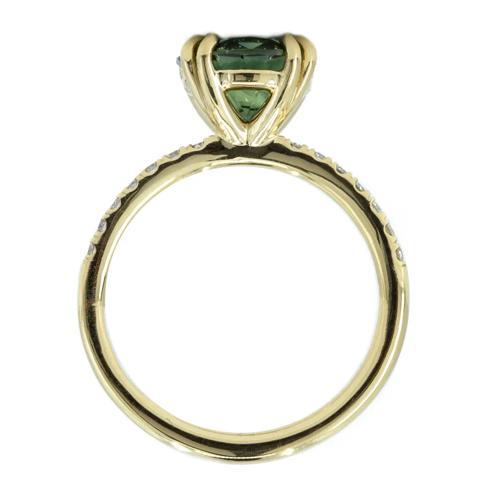 2.76ct Round Teal Nigerian Sapphire Double Prong Solitaire with Diamonds in 18k Yellow Gold