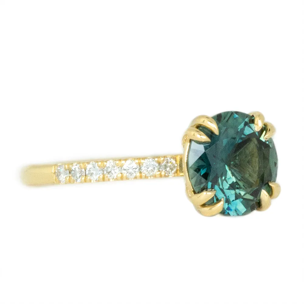 2.76ct Round Teal Nigerian Sapphire Double Prong Solitaire with Diamonds in 18k Yellow Gold