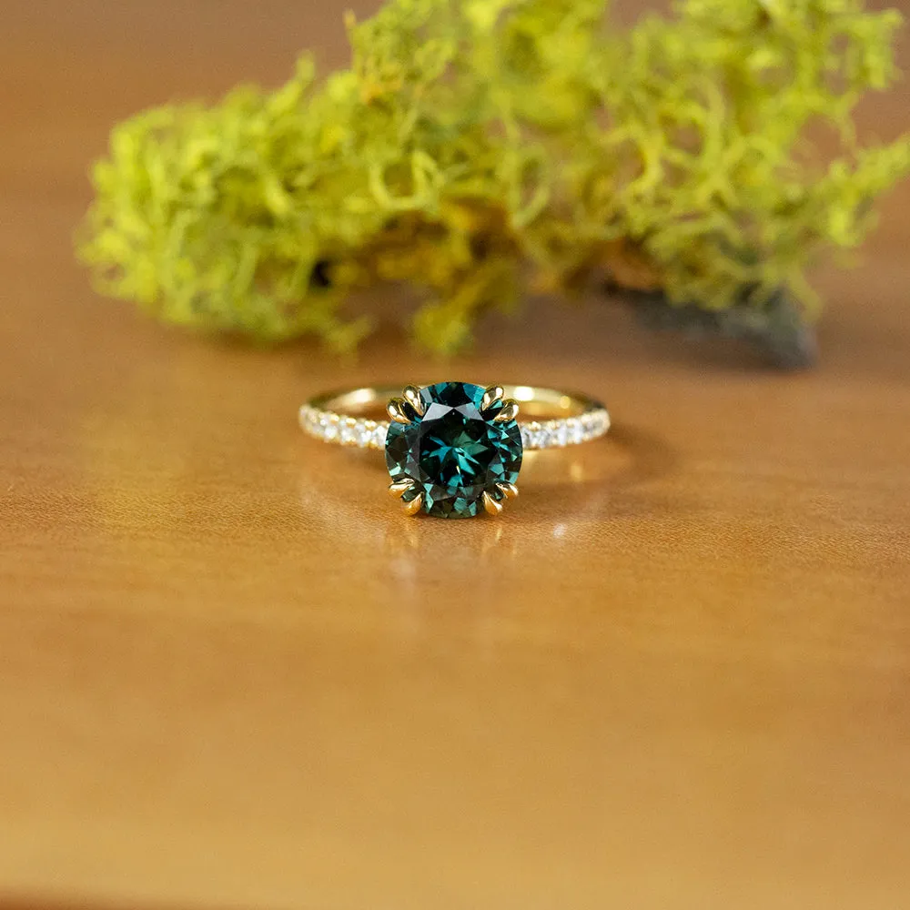 2.76ct Round Teal Nigerian Sapphire Double Prong Solitaire with Diamonds in 18k Yellow Gold