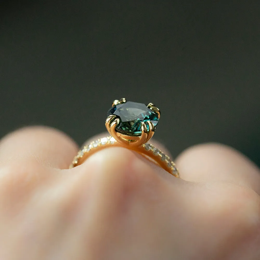 2.76ct Round Teal Nigerian Sapphire Double Prong Solitaire with Diamonds in 18k Yellow Gold