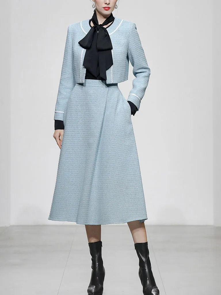 2PS Lake Blue Long Sleeve Coat With Swing Skirt Suit