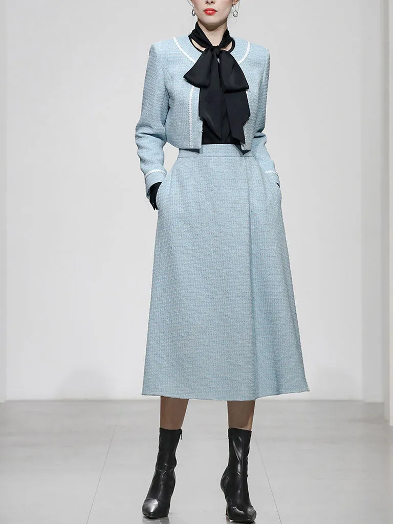 2PS Lake Blue Long Sleeve Coat With Swing Skirt Suit