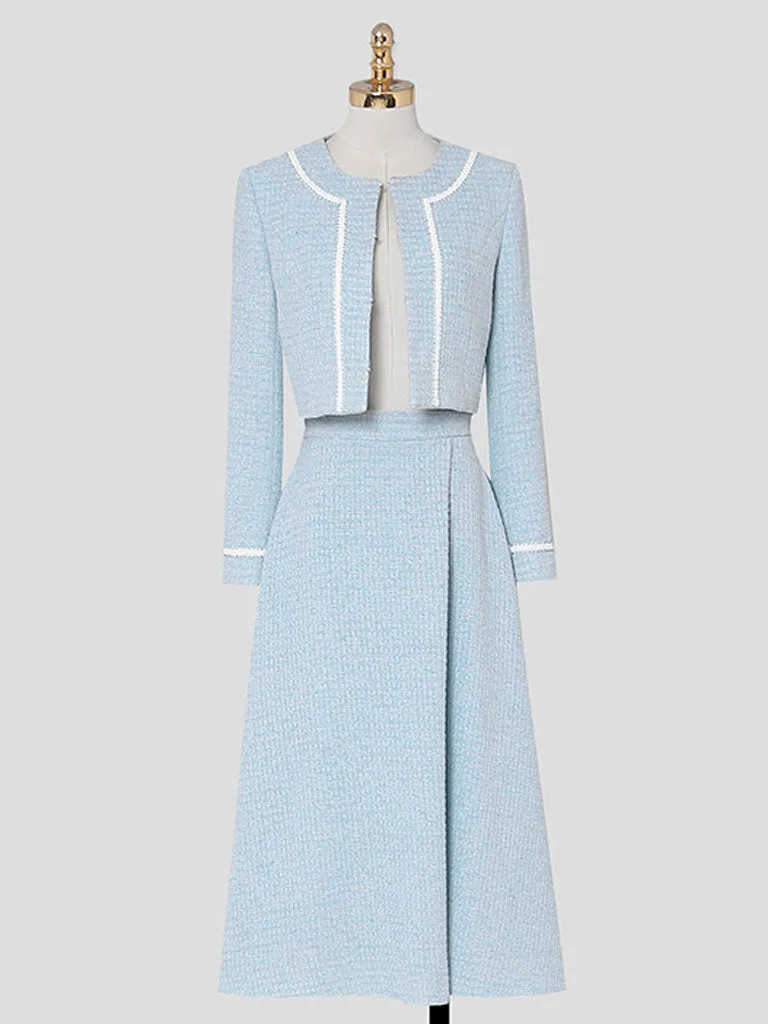 2PS Lake Blue Long Sleeve Coat With Swing Skirt Suit