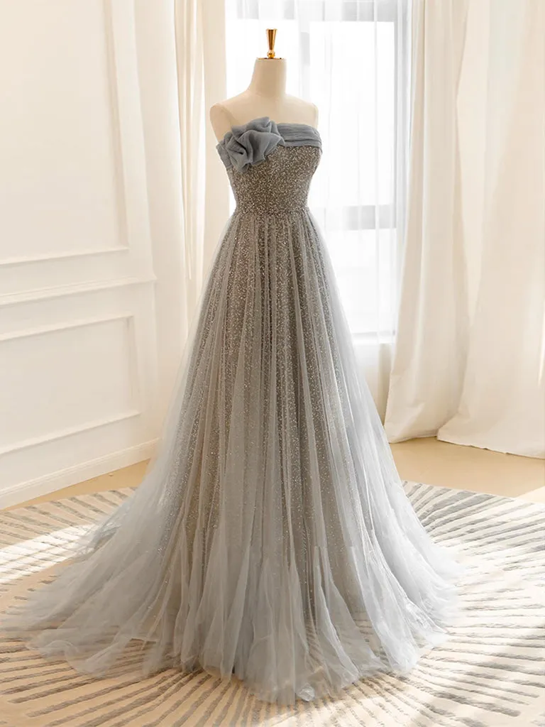 A-Line Gray Tulle Sequin Long Prom Dress, Gray Long Formal Dress