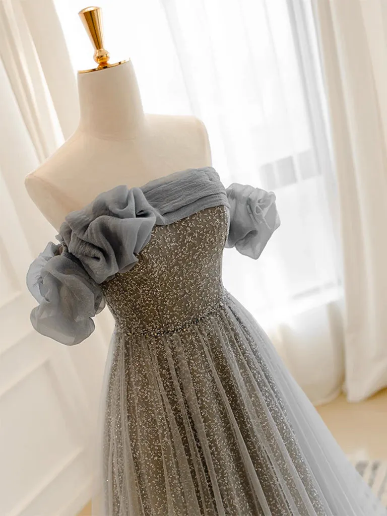 A-Line Gray Tulle Sequin Long Prom Dress, Gray Long Formal Dress