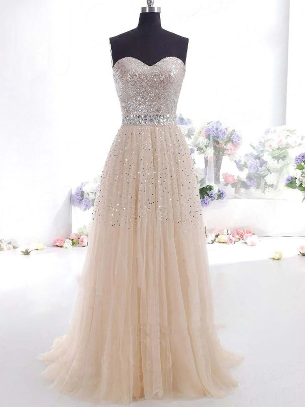 A Line Sweetheart Neck Champagne Prom Dress, Champagne Formal Dress