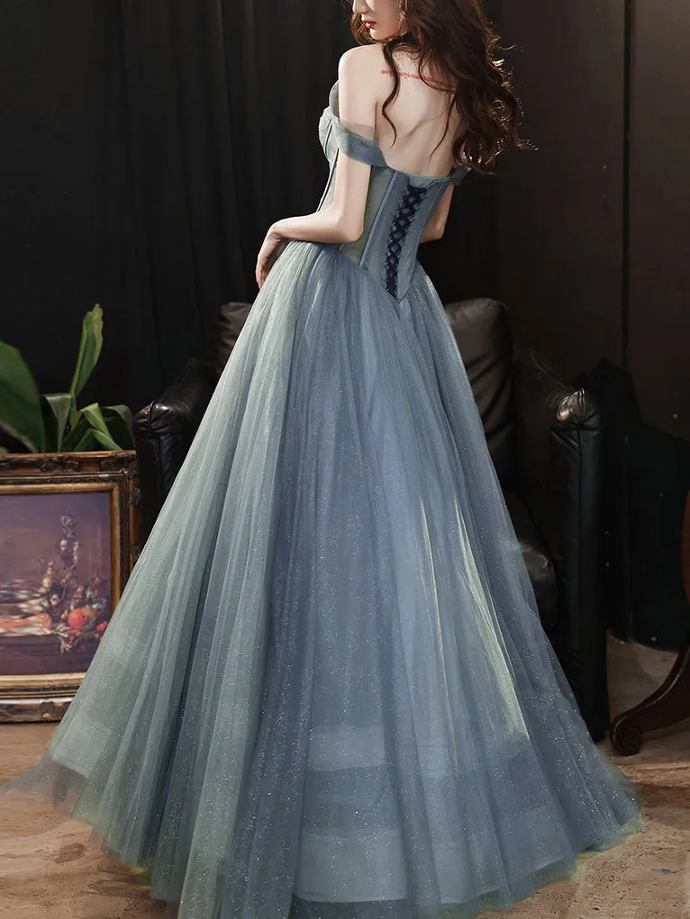 A-line Sweetheart Neck Gray Blue Tulle Long Prom Dress Blue Evening Dress