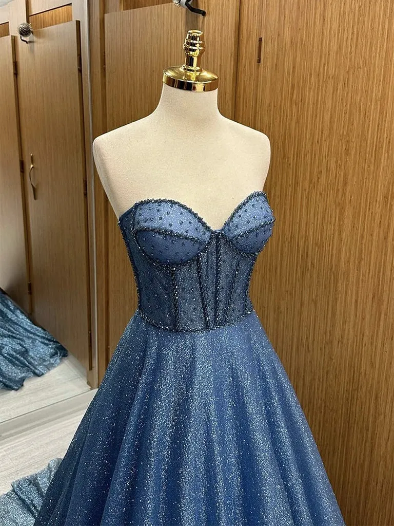 A-Line Sweetheart Neck Tulle Beads Blue Long Prom Dress, Blue Long Formal Dress