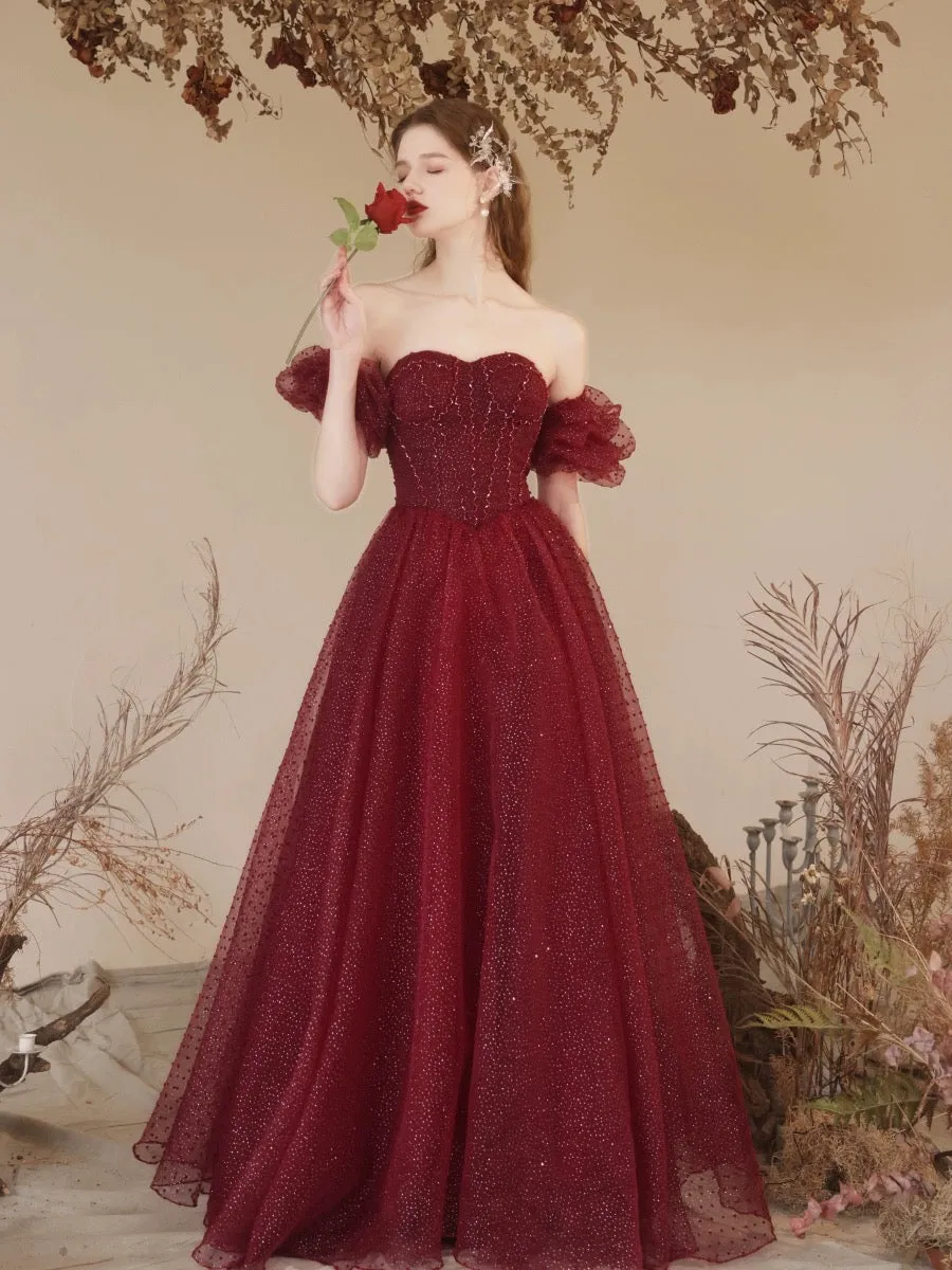 A-Line Sweetheart Neck Tulle Sequin Burgundy Long Prom Dress with Beads