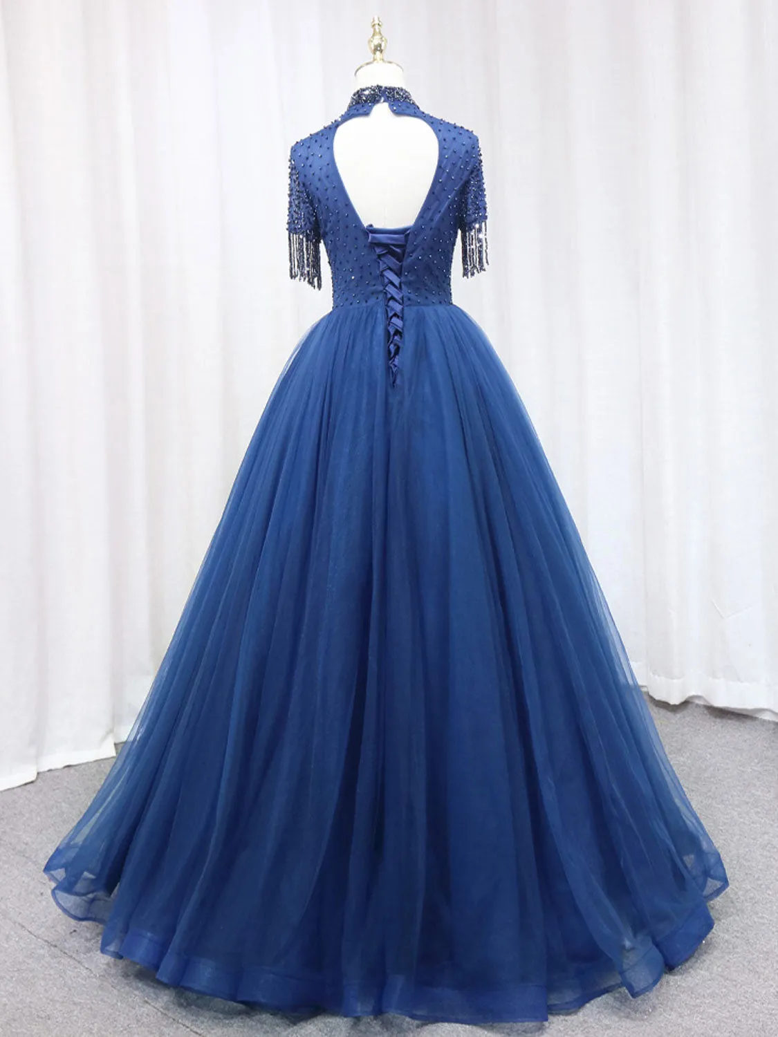 A-Line Tulle Blue Long Prom Dress, Blue Formal Evening Dress with Beading