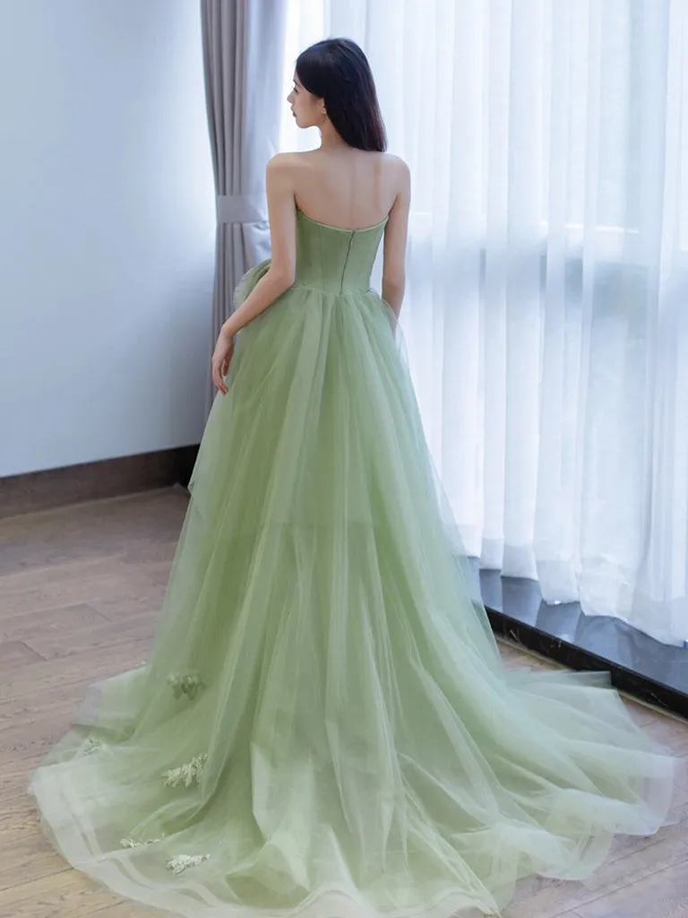 A-Line Tulle Lace Green Long Prom Dress, Green Long Evening Dress