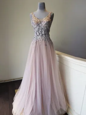 A Line V Neck Appliques Long Pink Lace Prom Dresses, Pink Lace Formal Graduation Evening Dresses