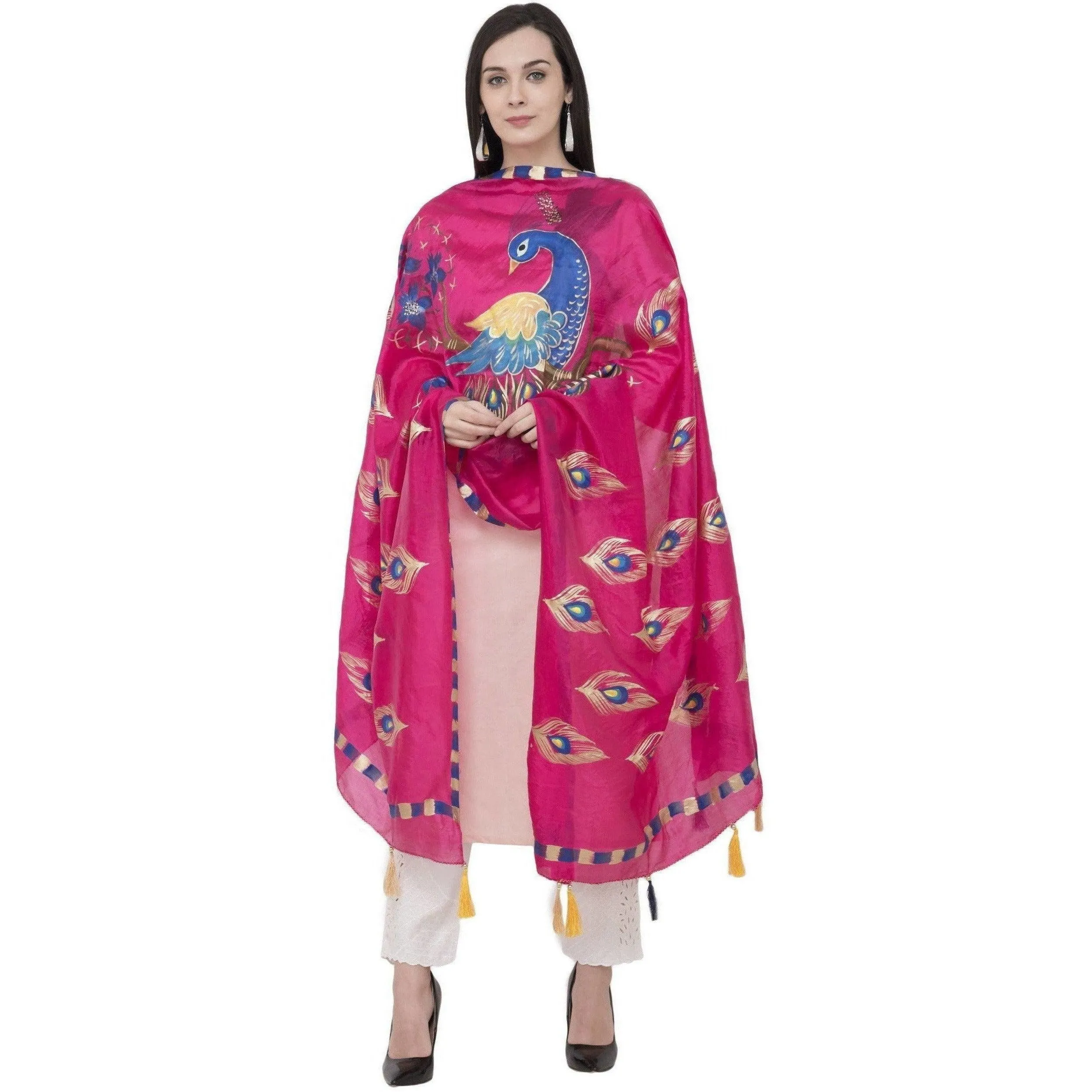 A R Silk Silk Peacock Multi Fancy Dupatta Color Rani Dupatta or Chunni