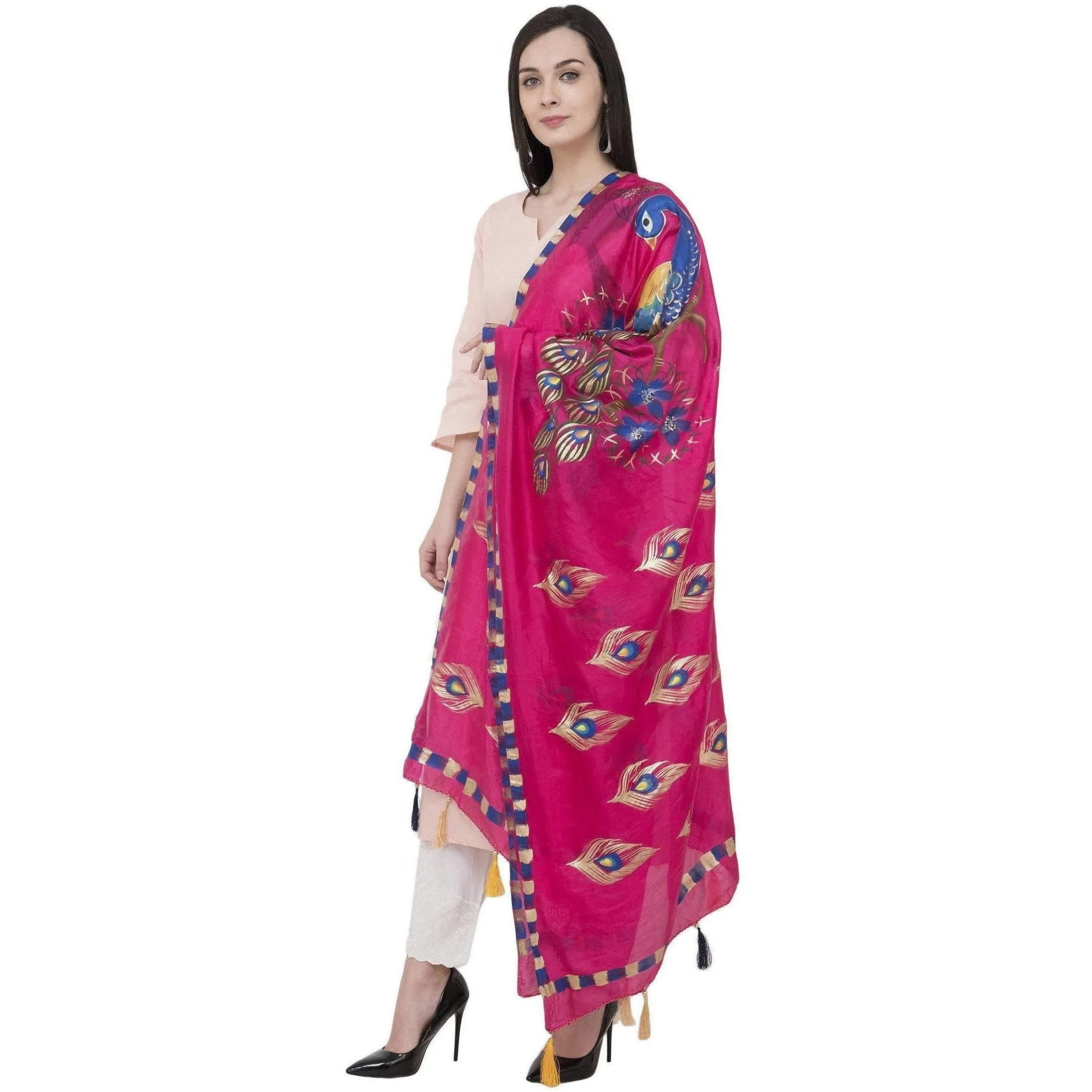 A R Silk Silk Peacock Multi Fancy Dupatta Color Rani Dupatta or Chunni