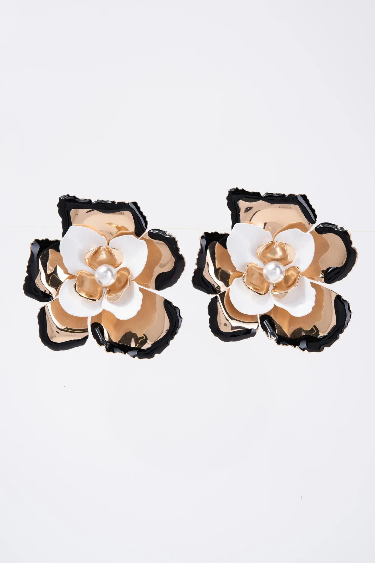 Allegra Floral Pearl Contrast Trim Enamel Coated Earrings - Black