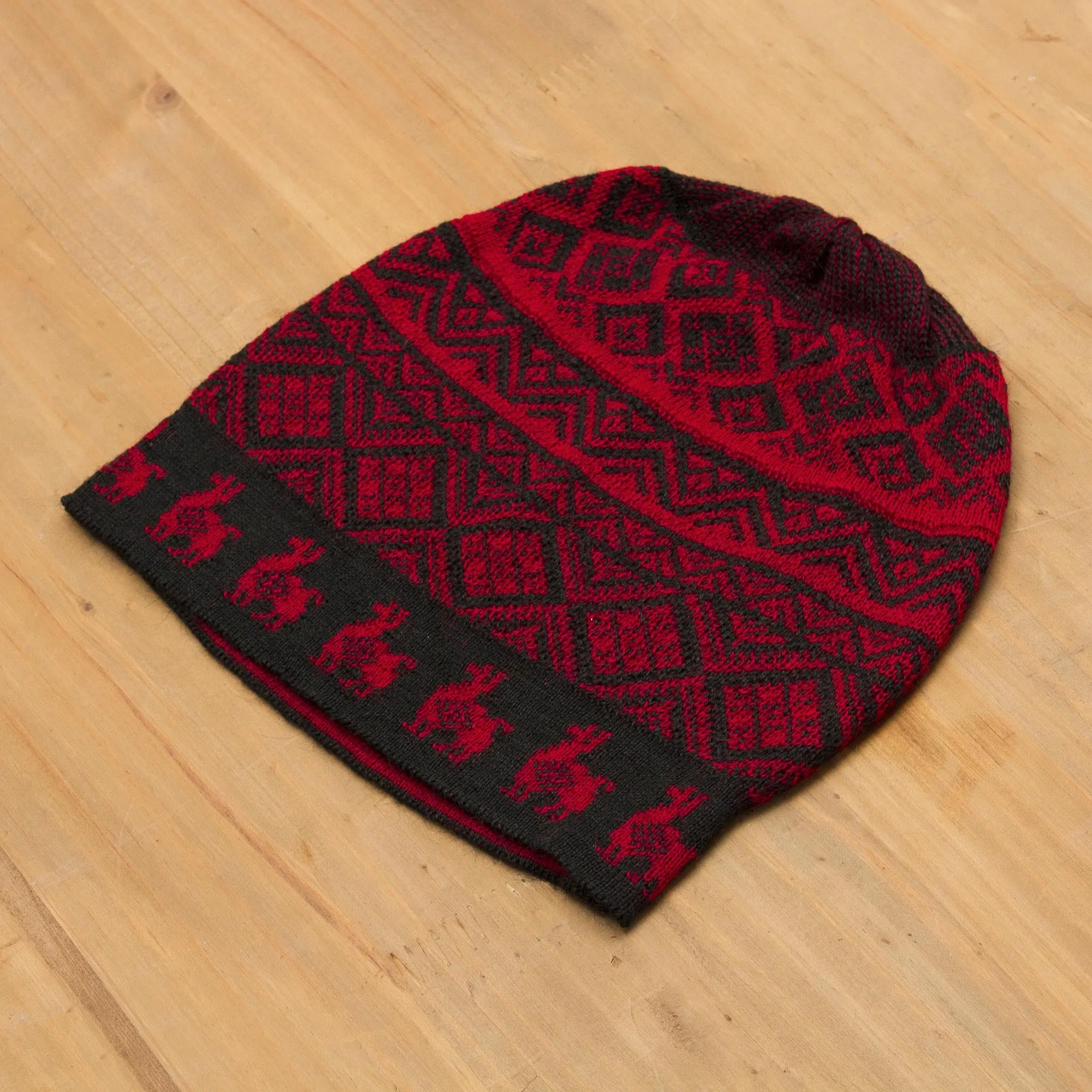 Alpaca Parade in Red Black and Crimson Red Diamond Motif Alpaca Blend Knit Hat