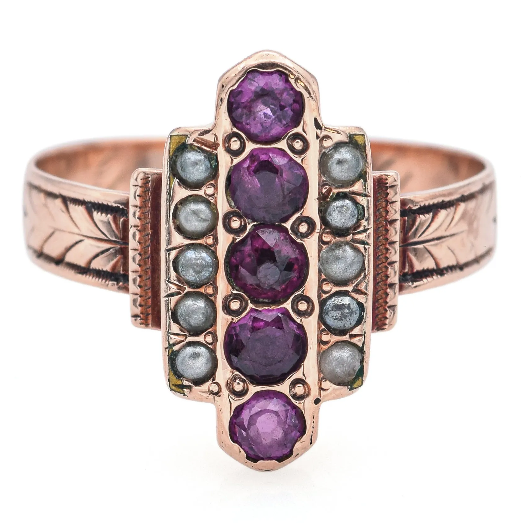 Antique Pink Tourmaline & Seed Pearl 8K Yellow Gold Band Ring Size 5.5