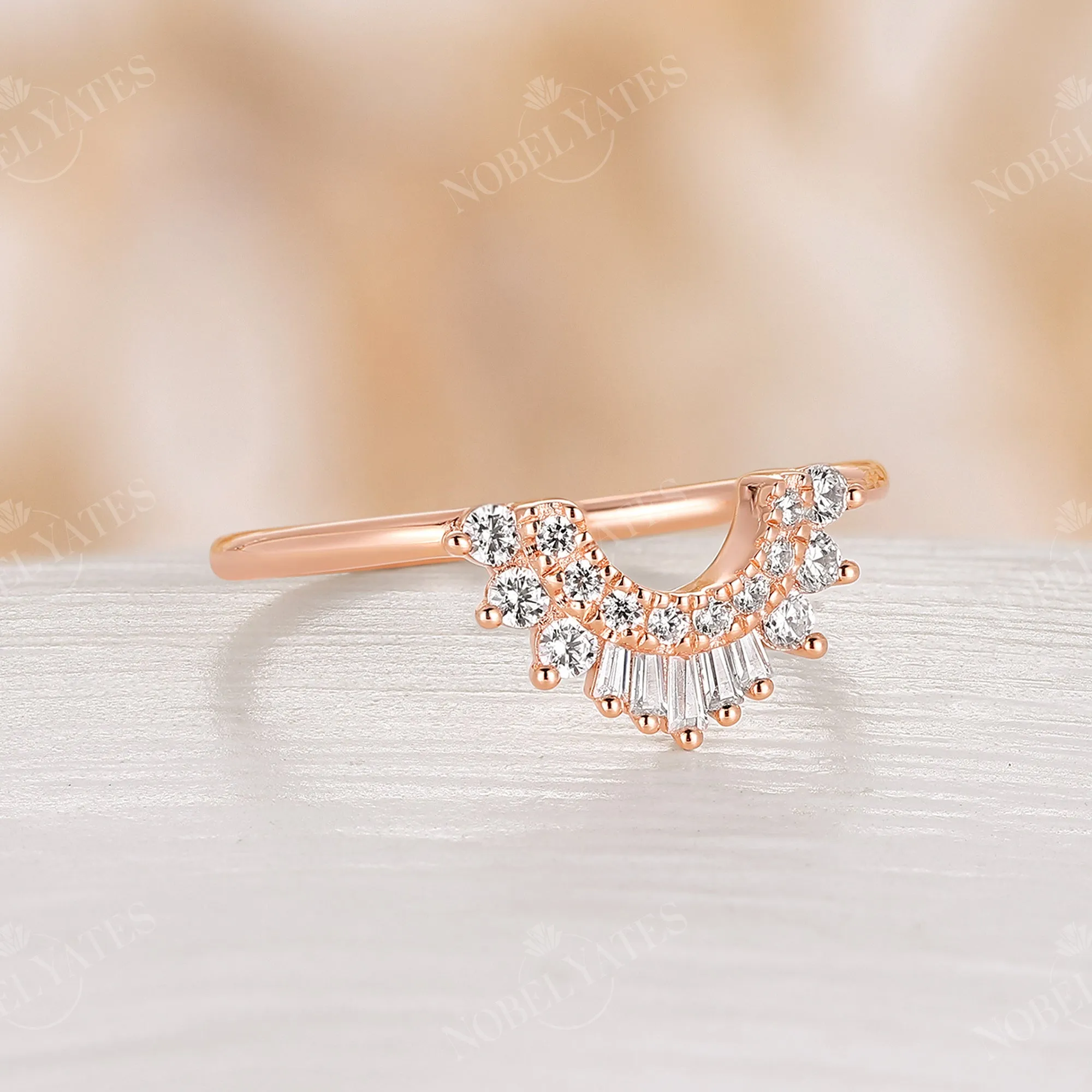 Art deco Baguette Diamond Curved Wedding Band Rose Gold