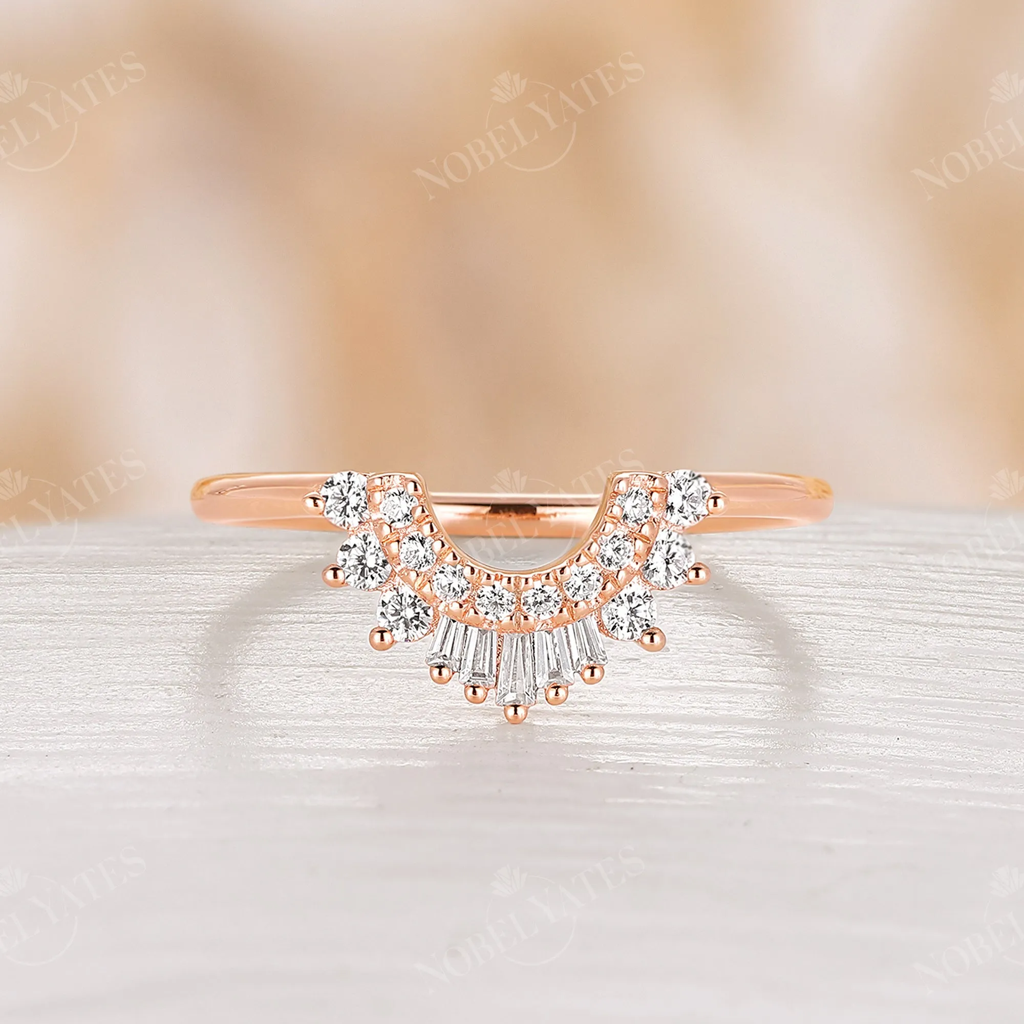 Art deco Baguette Diamond Curved Wedding Band Rose Gold