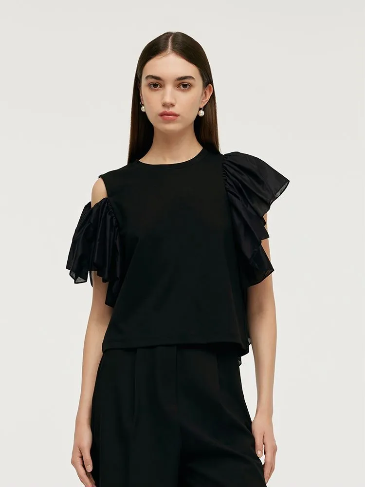 Asymmetric Patchwork Ruffle Women T-Shirt