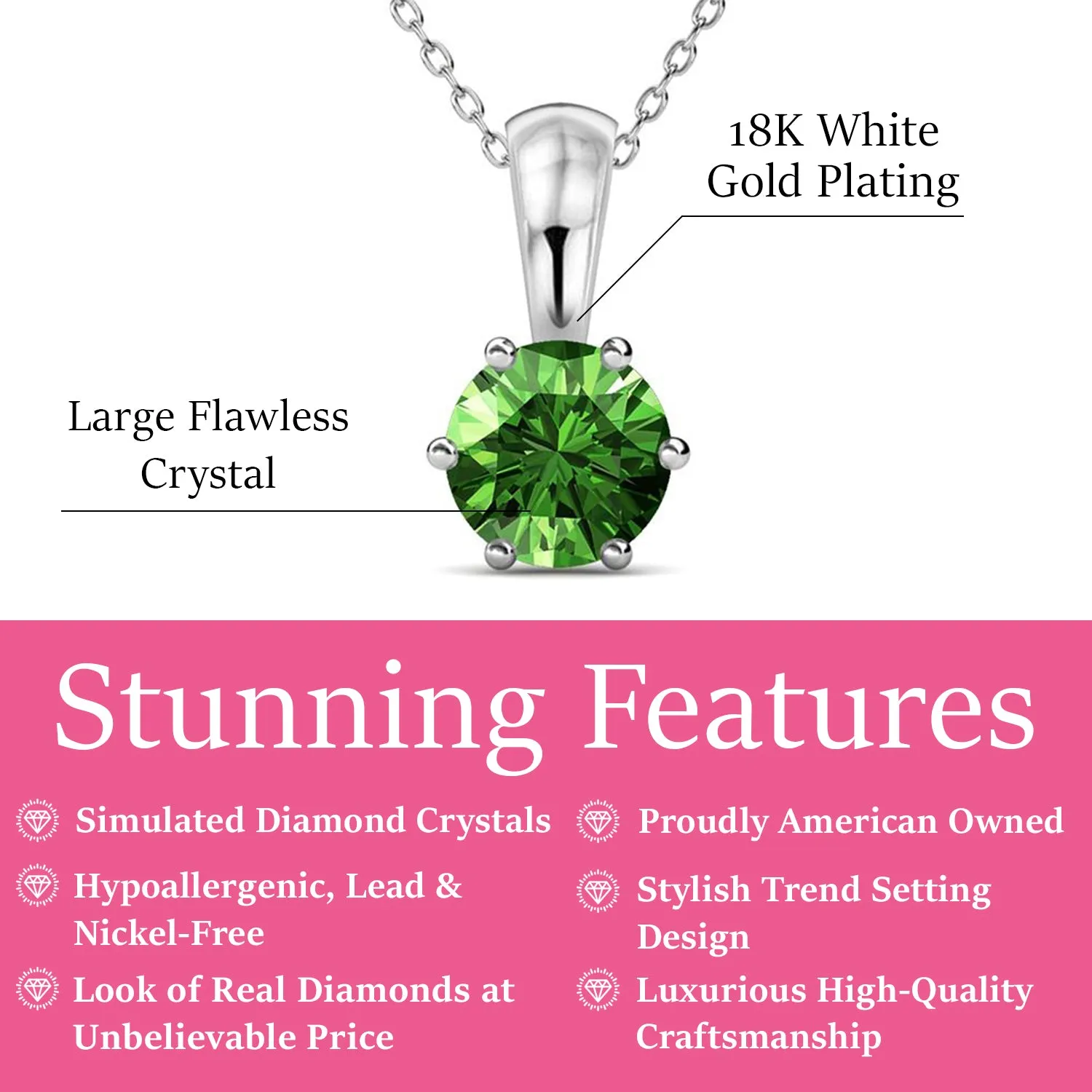 August Birthstone Peridot Necklace, 18k White Gold Plated Solitaire Necklace with 1CT Crystal