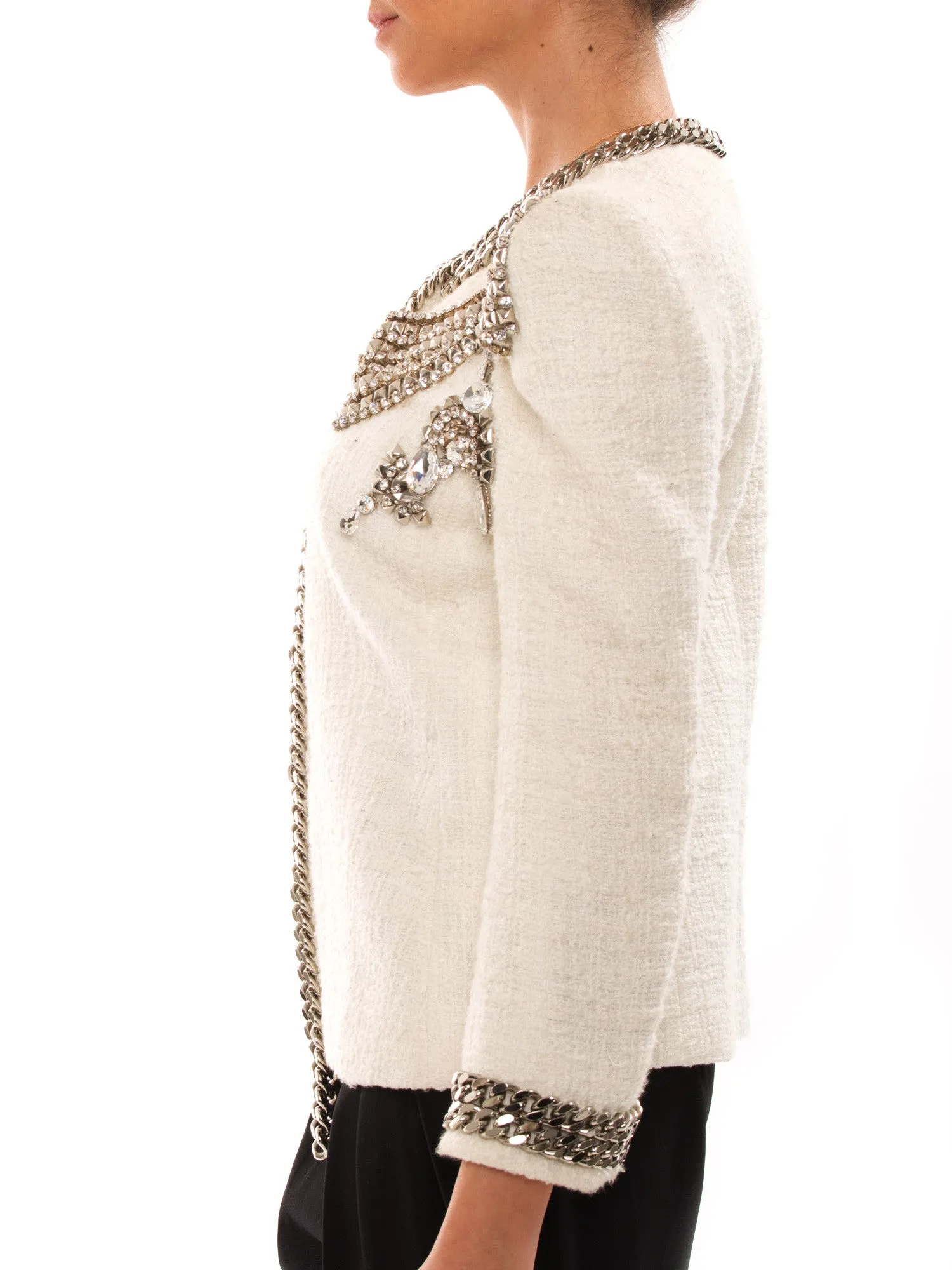 Balmain White Cotton Jacket With Metal Chain