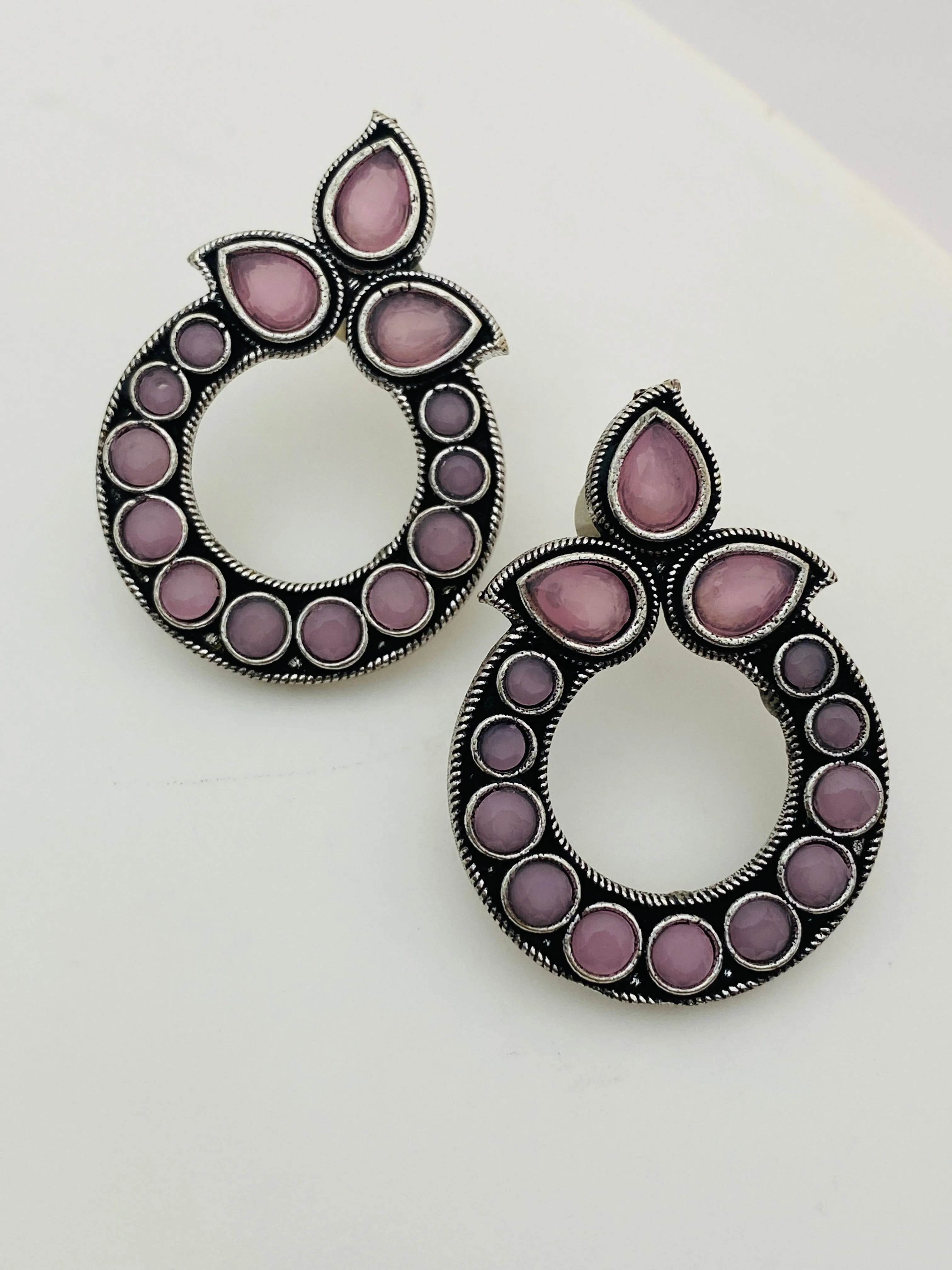 Beautiful Pink stone Oxidized Earrings For Women