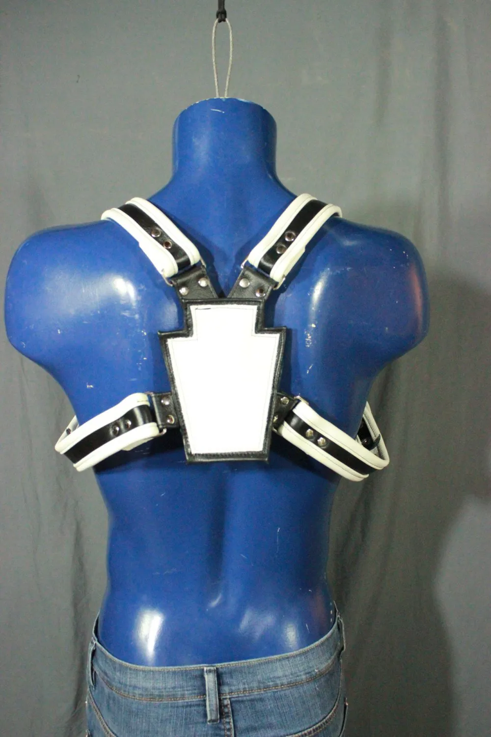 Black and white leather harness with keystone highlight.