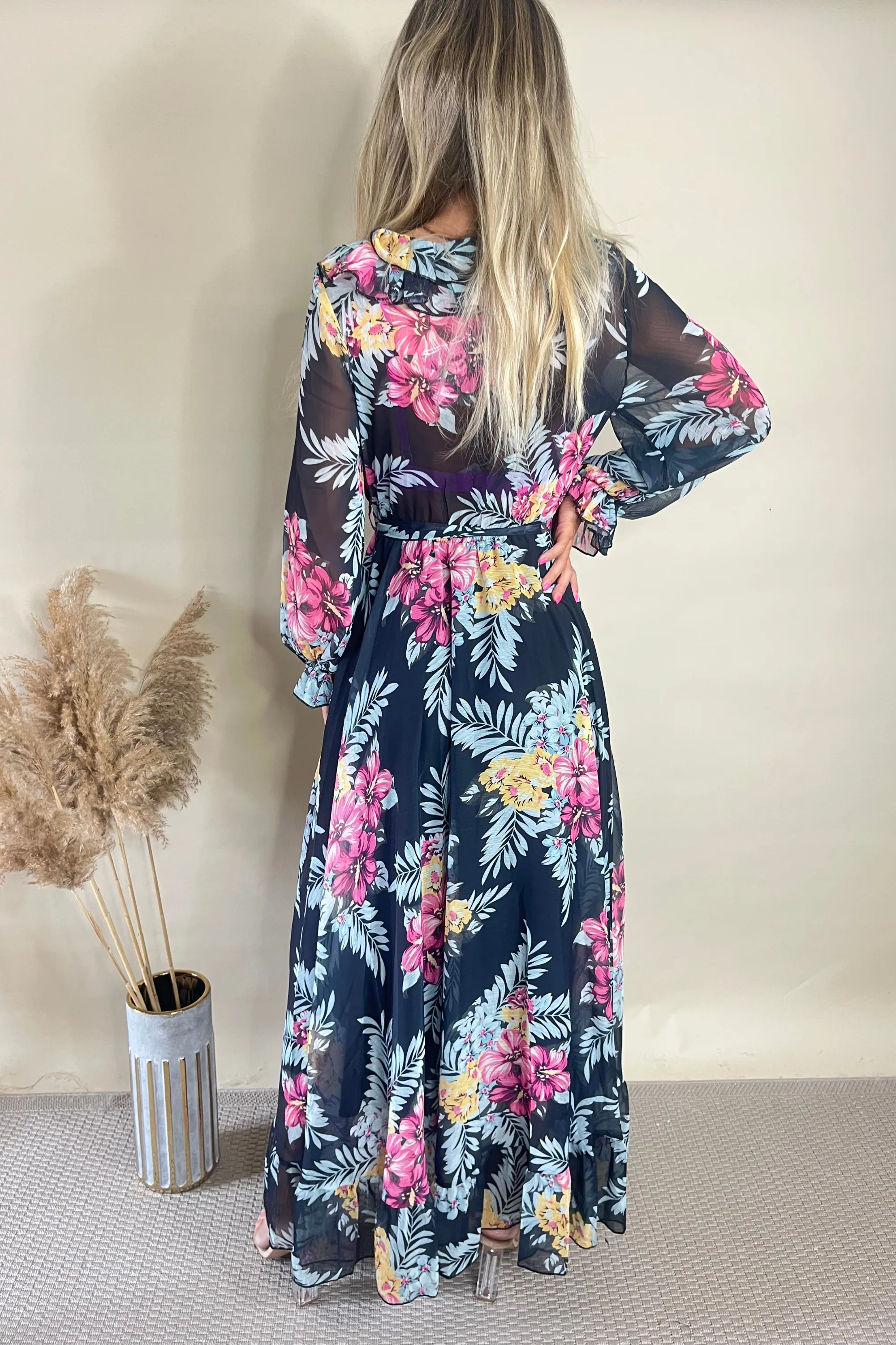 Black Floral V Neck Maxi Dress