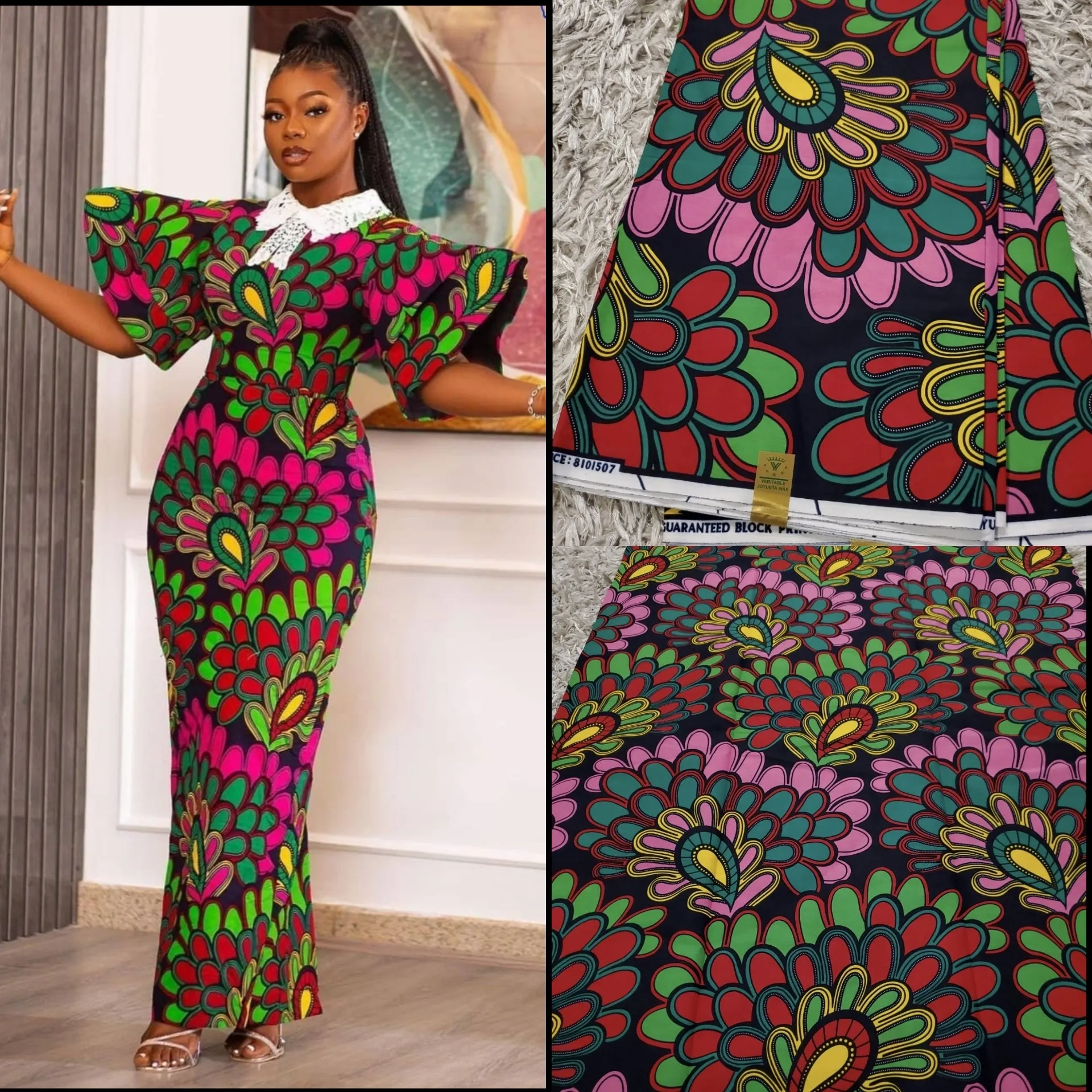 Black, Pink and Green Multicolor African Ankara Fabric