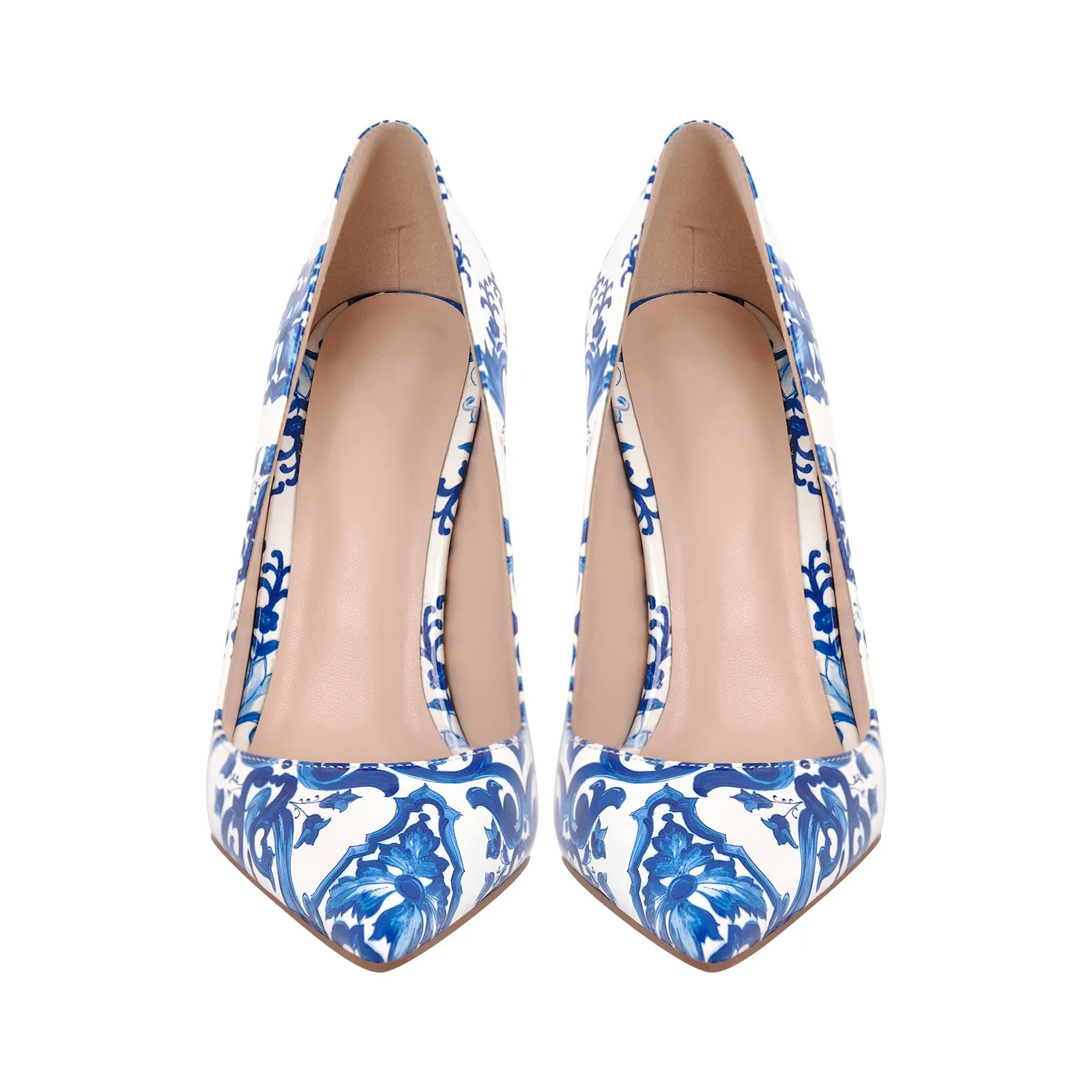 Blue and White Pattern Pointed Toe Pumps