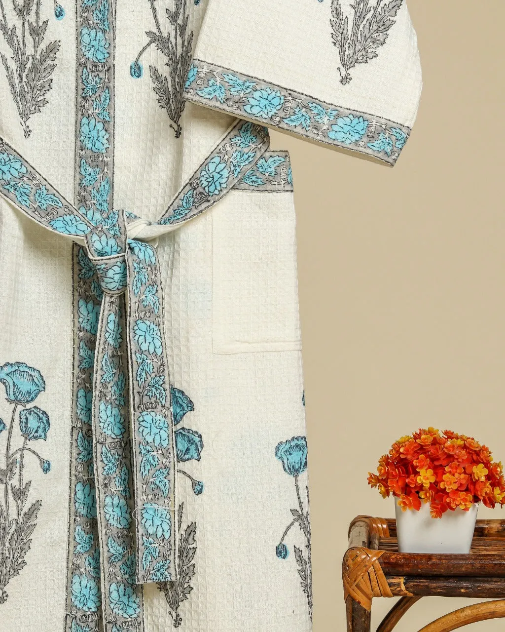 Blue Buta Print Waffle Cotton Bathrobe (BROB11)