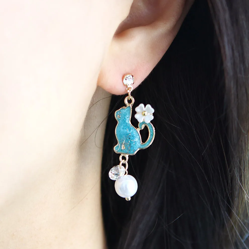 Blue Cat and Crescent Moon Mismatched Earrings