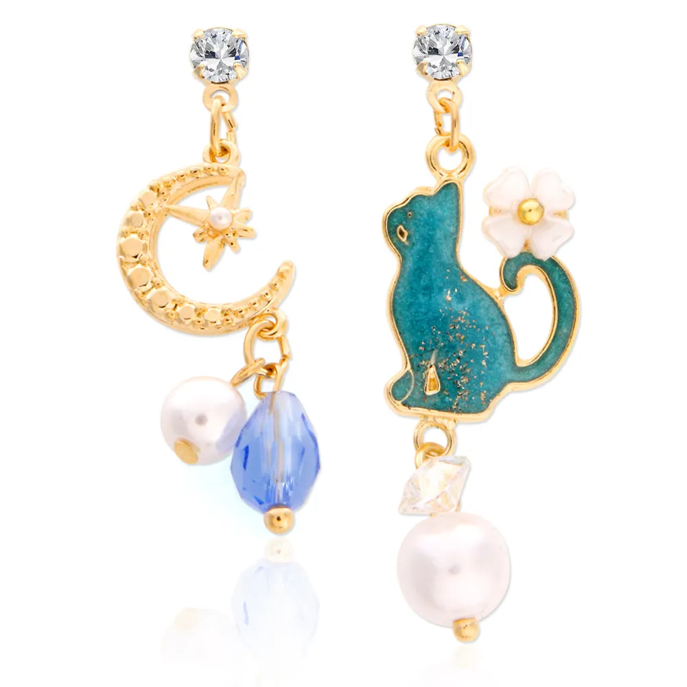 Blue Cat and Crescent Moon Mismatched Earrings