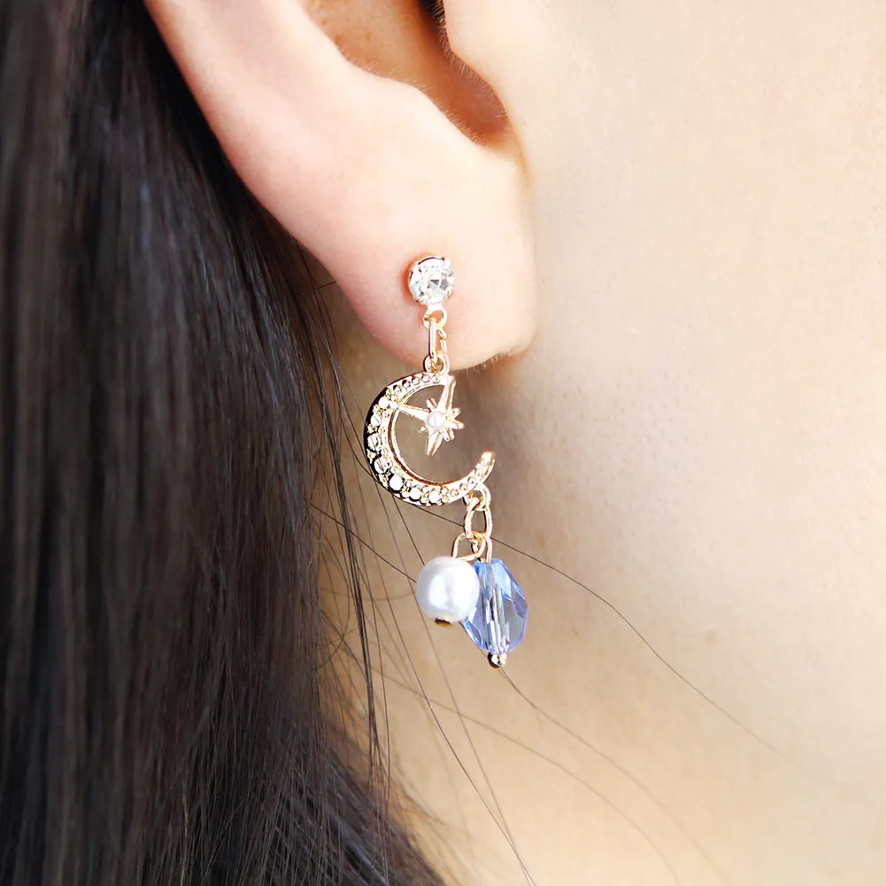 Blue Cat and Crescent Moon Mismatched Earrings