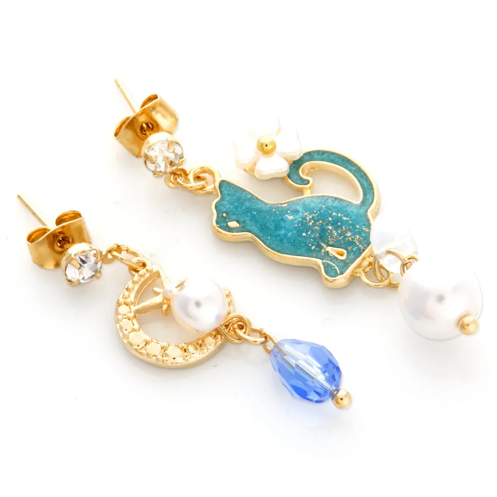 Blue Cat and Crescent Moon Mismatched Earrings