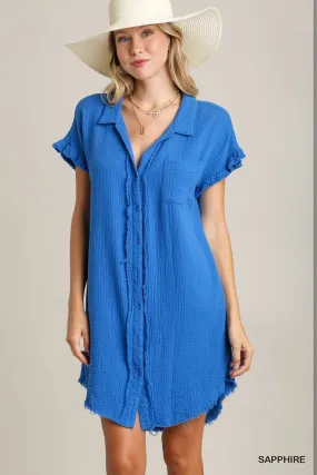 BLUE COTTON GAUZE BUTTON DOWN DRESS