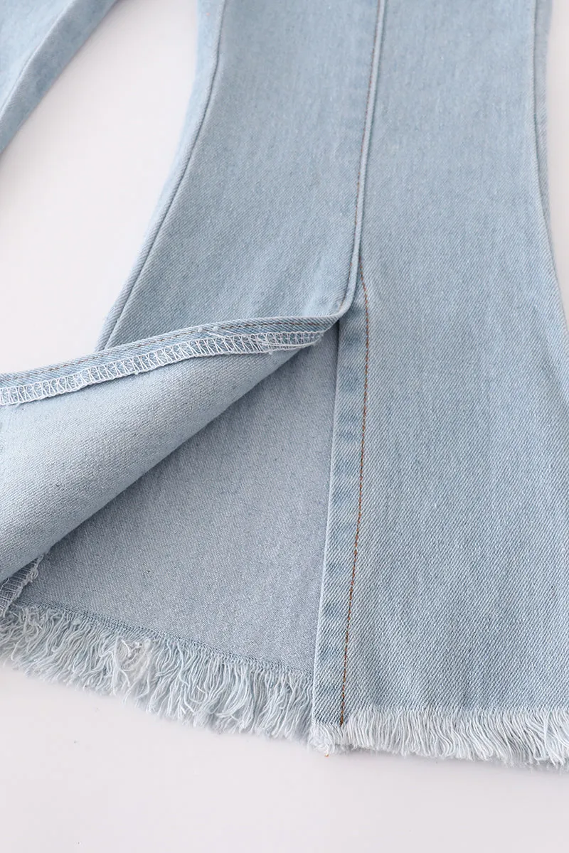 Blue open front girl denim jeans