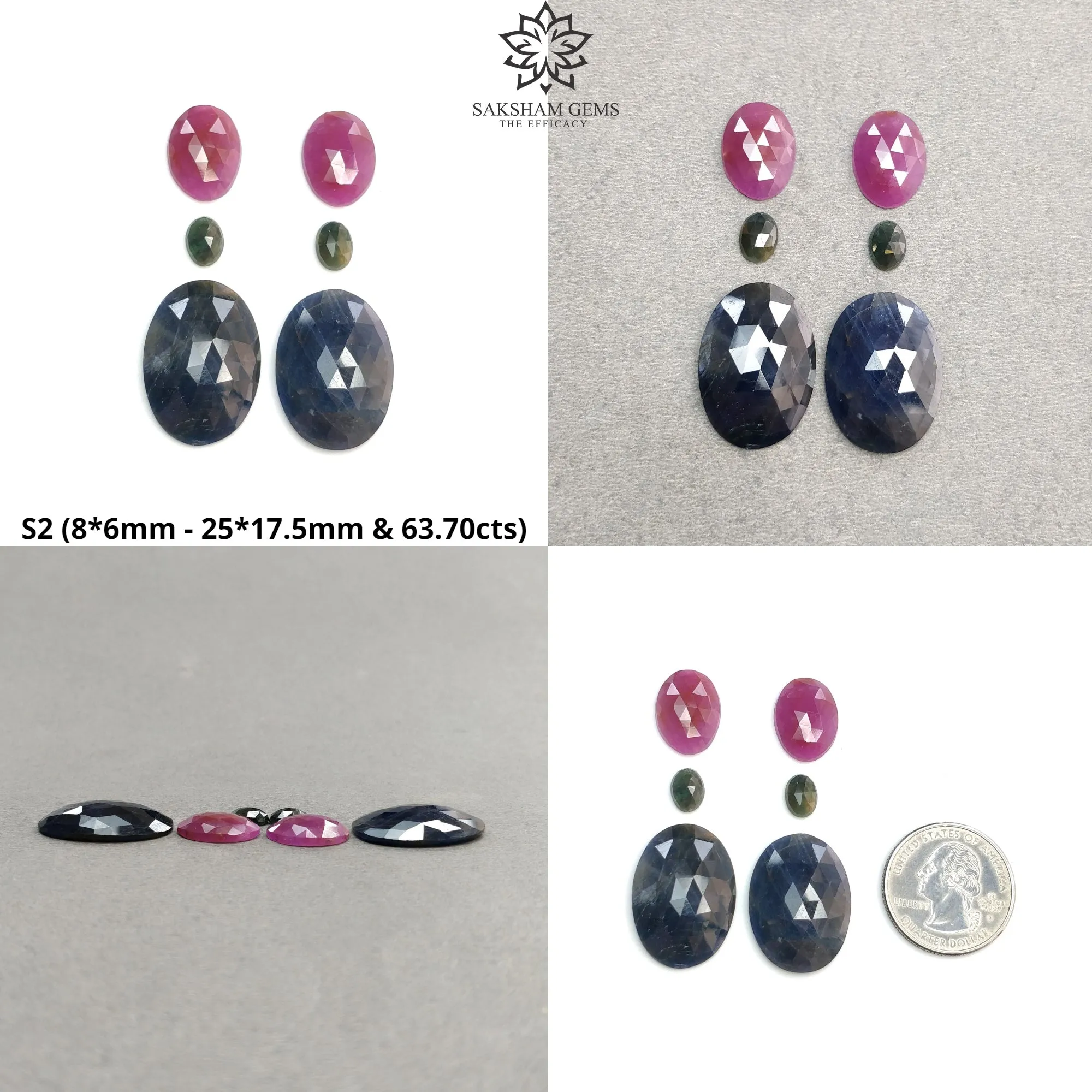 Blue Silver & Multi Sapphire Gemstone Rose Cut : Natural Untreated Unheated Sapphire Cushion And Oval Shape 6pcs Sets