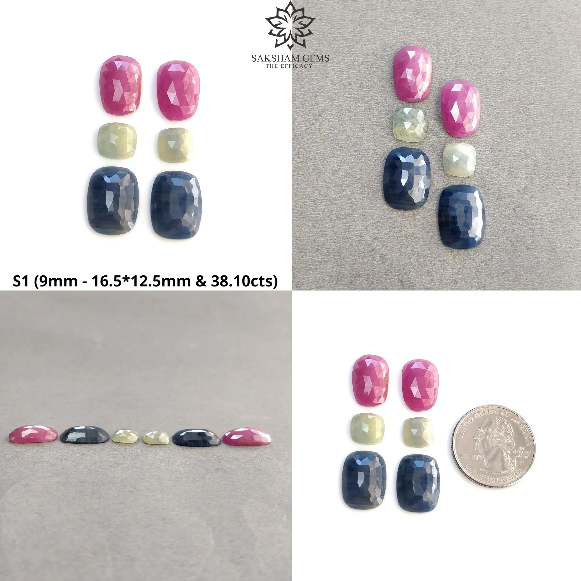 Blue Silver & Multi Sapphire Gemstone Rose Cut : Natural Untreated Unheated Sapphire Cushion And Oval Shape 6pcs Sets