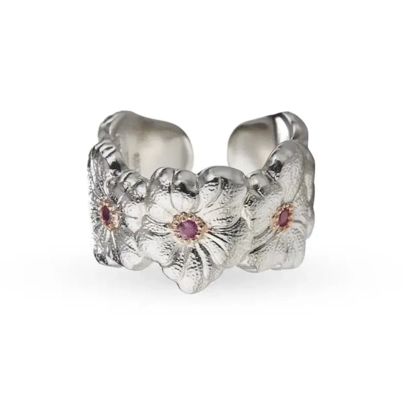 Buccellati - Blossoms Gardenia - Eternelle Band Ring with Pink Sapphires, Sterling Silver with Gold Accents