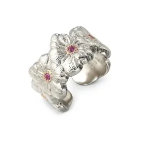 Buccellati - Blossoms Gardenia - Eternelle Band Ring with Pink Sapphires, Sterling Silver with Gold Accents