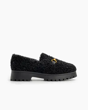 Classic Metal Buckle Platform Slip On Fur Peas Loafers