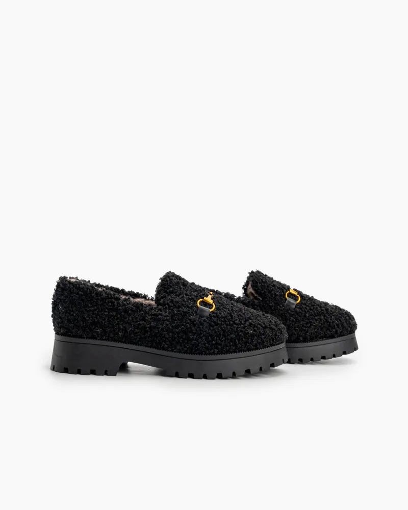 Classic Metal Buckle Platform Slip On Fur Peas Loafers