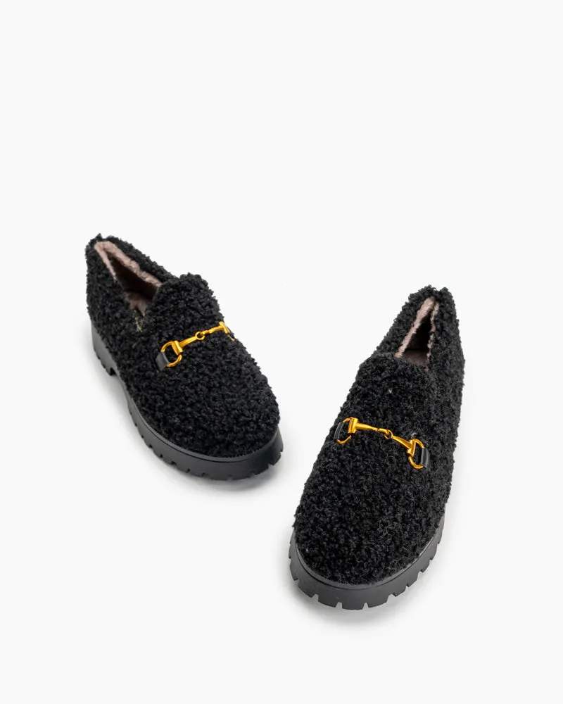 Classic Metal Buckle Platform Slip On Fur Peas Loafers